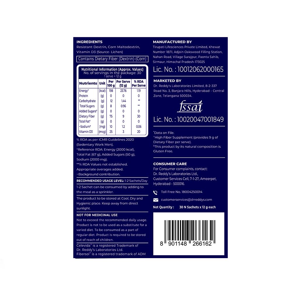 Celevida Diafiber   Diabetes Care Product| 100% Plant Based Fibersol® Helps Control Post Meal Sugar Spike|Helps delay post meal hunger   360g (Pack of 30 Sachets)