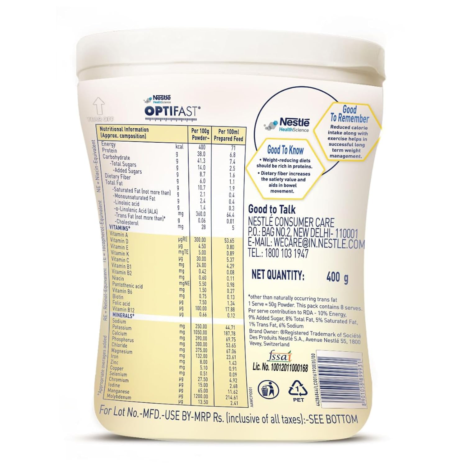 Nestle Optifast Weight Management ShakeVanilla FlavourLow Gi FormulaScientifically Designed Weight Loss DietMeal Replacement Shake For Weight Loss400G Pet Jar