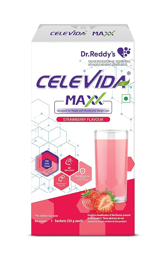 Celevida Maxx Dr. Reddys - High-Protein and Immunity Supplement to support muscle health and immunity | Strawberry Flavour | (7 sachets x 33g)