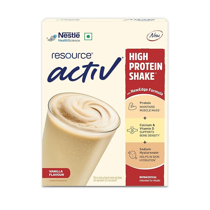 Nestle Resource Activ High Protein Shake with New Edge Formula Vanilla Flavour Strengthens Muscles Bones Immune System Improves Skin 400g Baginbox pack