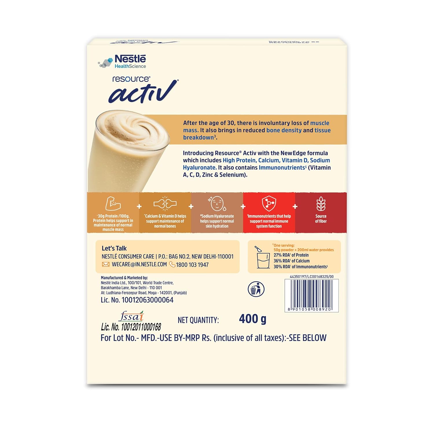 Nestle Resource Activ High Protein Shake with New Edge Formula Vanilla Flavour Strengthens Muscles Bones Immune System Improves Skin 400g Baginbox pack