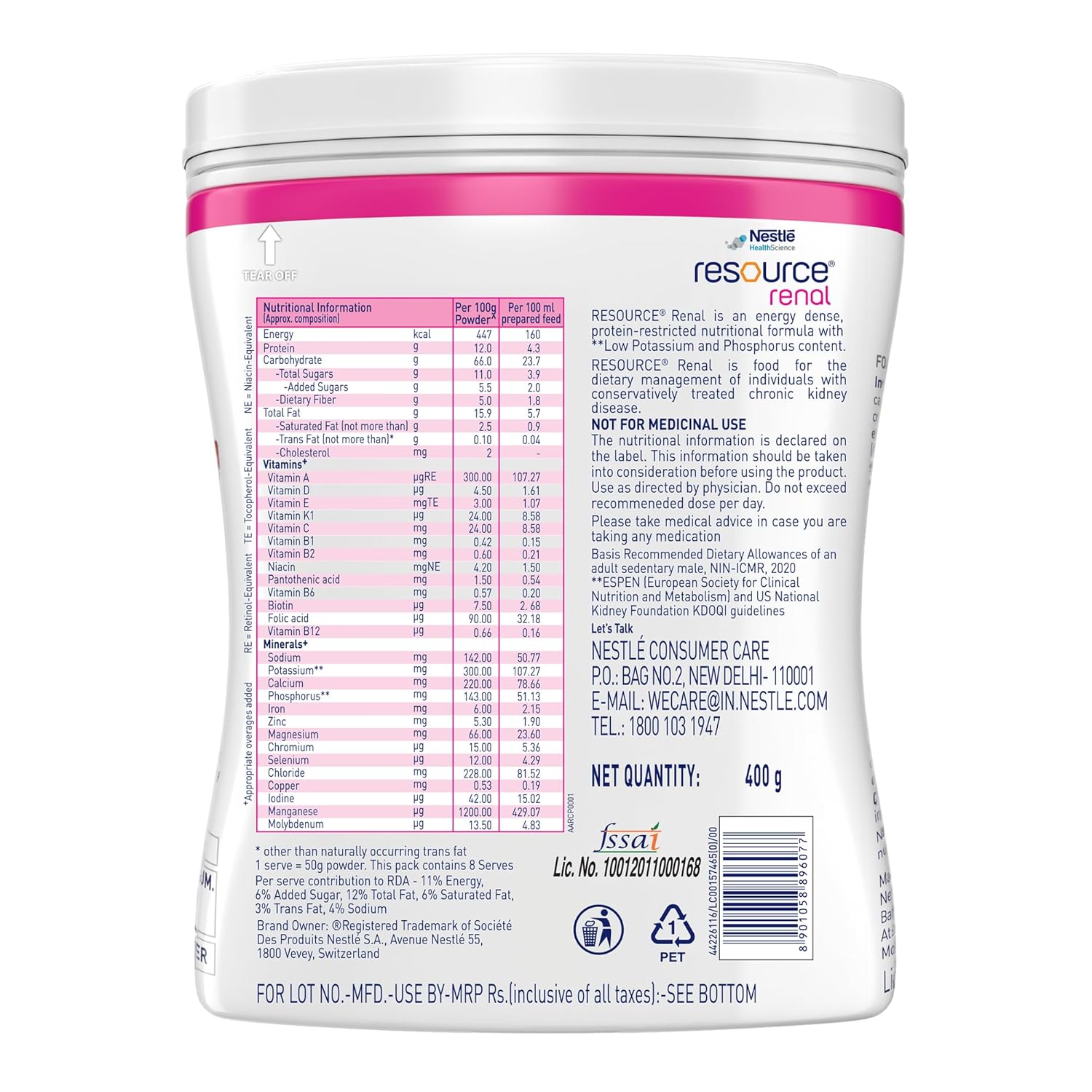 RESOURCE Renal Food For Dietary Management Vanilla Flavour 400g Pet Jar