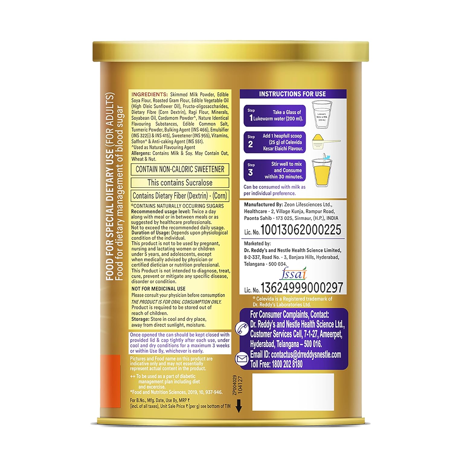Celevida Protein Powder Drink for Diabetes Management by Dr. Reddy  | Kesar Elaichi Flavour | No Added sugar | Plant based | For Sugar control  Weight Management & Immunity Support | 400gm Tin Pack