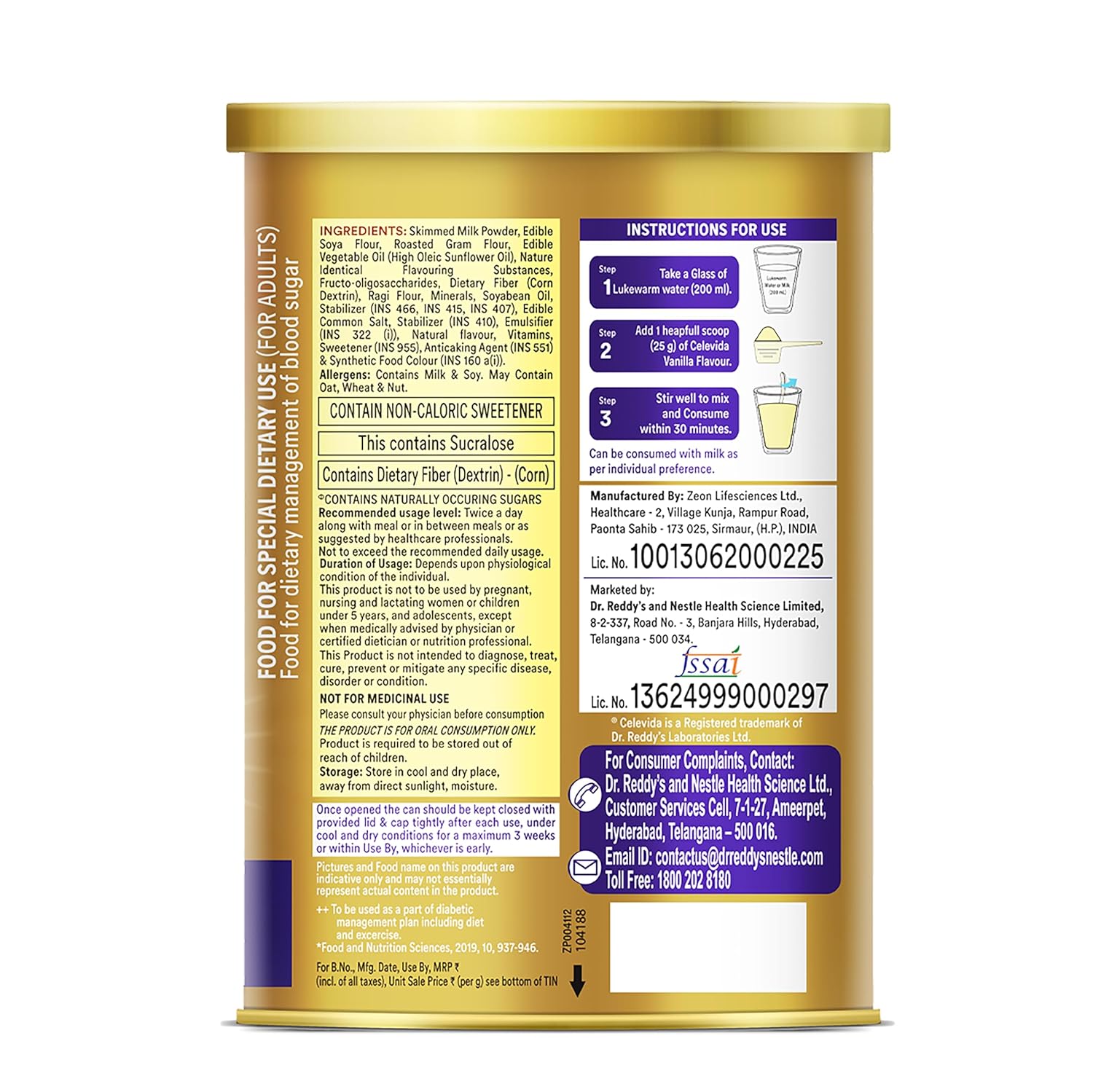 Celevida Protein Powder Drink for Diabetes Management by Dr. ReddyS | Vanilla Flavour | No Added sugar | Plant based | For Sugar control  Weight Management & Immunity Support | 400gm Tin Pack