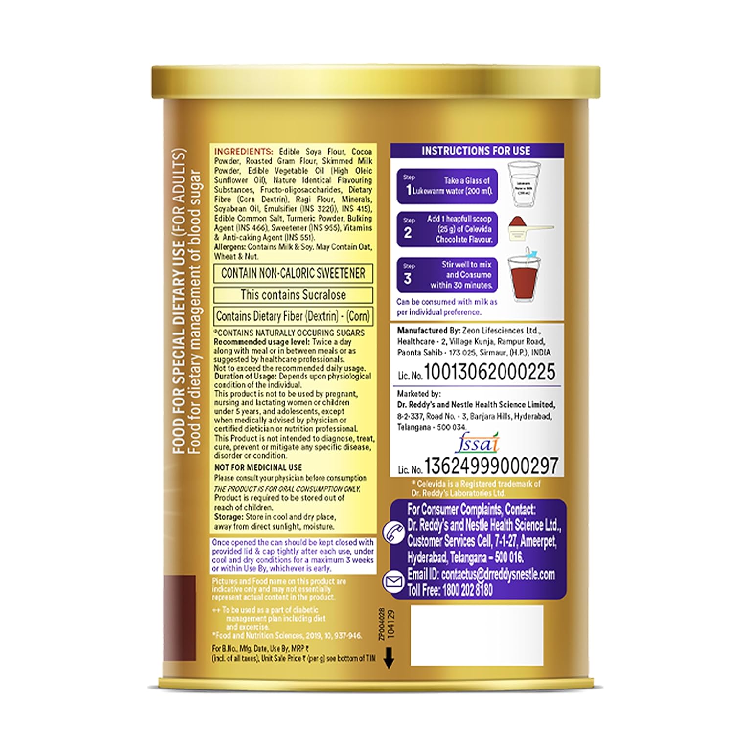 Celevida Protein Powder Drink for Diabetes Management by Dr. Reddy  | Chocolate Flavour | No Added sugar | Plant based | For Sugar control  Weight Management & Immunity Support | 400gm Tin Pack